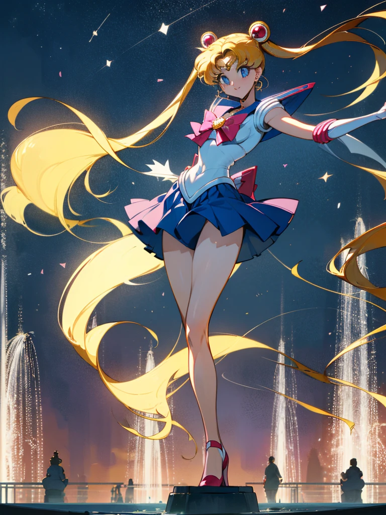 (High quality, 32k anime ultra HD, 1980s /(style/), retro art style, highly detailed, perfect anatomy), ((sailor moon, Tsukino Usagi)), 1 girl, solo, (blonde hair, short hair, pigtails, center parted bangs, hair blowing in the wind), (blue eyes, beautiful, super detailed), slightly open mouth, smiling, cowboy shot, (big boobs:1.3, firm chest, beautiful breasts), thin waist: 1.0, wide hips 1.2, big ass: 1.2, (dancing, fluttering, in the air, legs spread, in front of fountain), looking at viewer, (park background, night, big fountain, lighted street lamp, lamplight), (front view, from below), core_9_up, score_8_up, score_7_up, score_6_up,