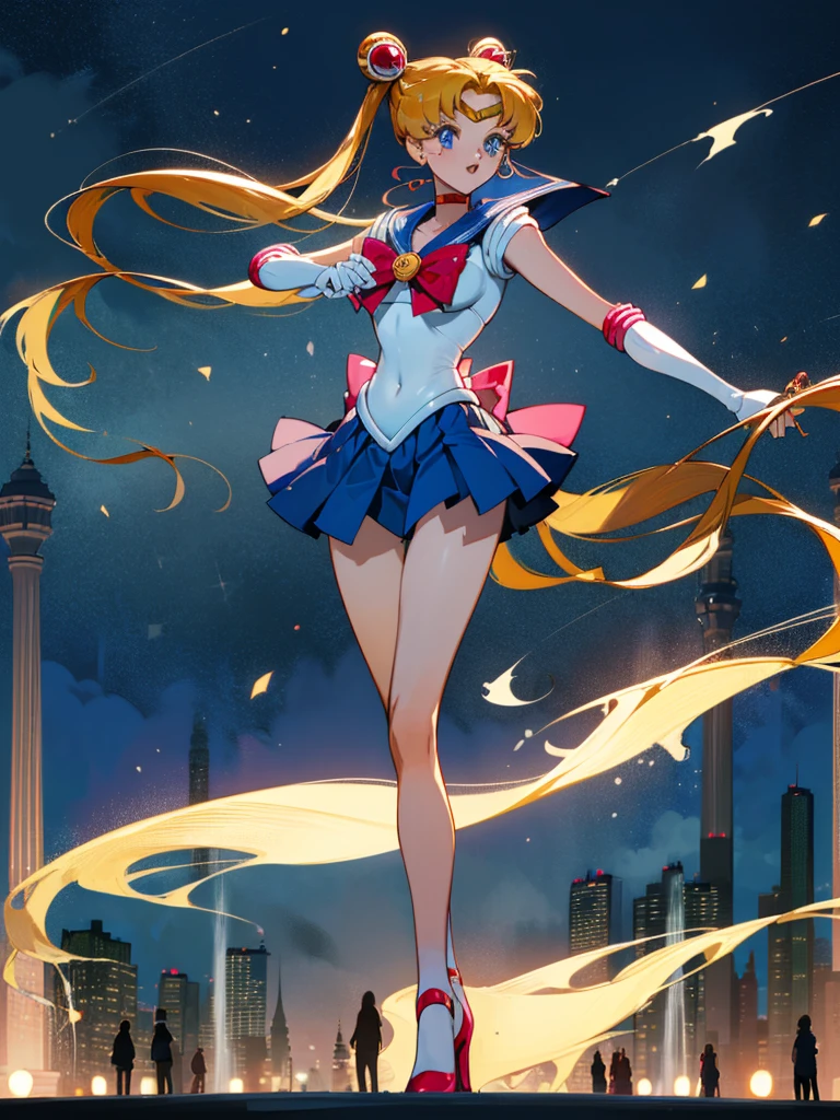 (High quality, 32k anime ultra HD, 1980s /(style/), retro art style, highly detailed, perfect anatomy), ((sailor moon, Tsukino Usagi)), 1 girl, solo, (blonde hair, short hair, pigtails, center parted bangs, hair blowing in the wind), (blue eyes, beautiful, super detailed), slightly open mouth, smiling, cowboy shot, (big boobs:1.3, firm chest, beautiful breasts), thin waist: 1.0, wide hips 1.2, big ass: 1.2, (dancing, fluttering, in the air, legs spread, in front of fountain), looking at viewer, (park background, night, big fountain, lighted street lamp, lamplight), (front view, from below), core_9_up, score_8_up, score_7_up, score_6_up,