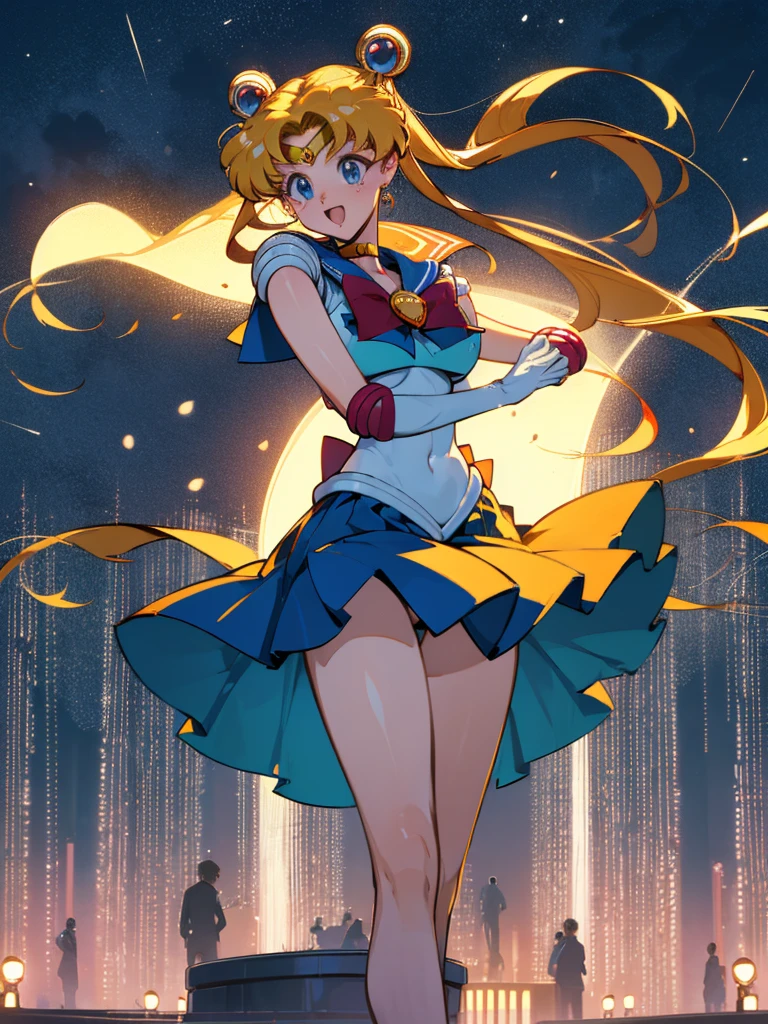 (High quality, 32k anime ultra HD, 1980s /(style/), retro art style, highly detailed, perfect anatomy), ((sailor moon, Tsukino Usagi)), 1 girl, solo, (blonde hair, short hair, pigtails, center parted bangs, hair blowing in the wind), (blue eyes, beautiful, super detailed), slightly open mouth, smiling, cowboy shot, (big boobs:1.3, firm chest, beautiful breasts), thin waist: 1.0, wide hips 1.2, big ass: 1.2, (dancing, fluttering, in the air, legs spread, in front of fountain), looking at viewer, (park background, night, big fountain, lighted street lamp, lamplight), (front view, from below), core_9_up, score_8_up, score_7_up, score_6_up,