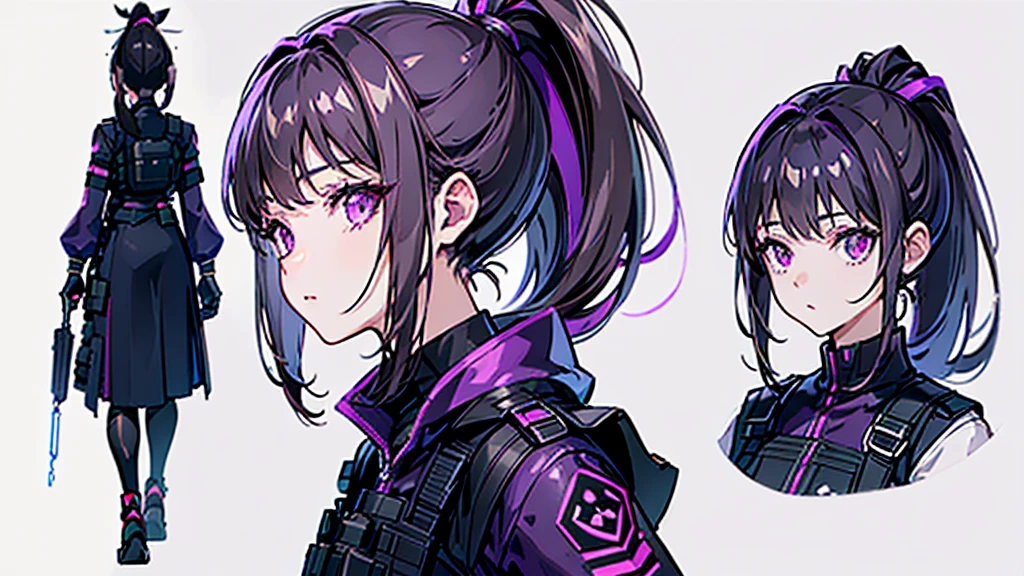 One girl,human, Dark hair with purple strands, Ponytail, purple eyes, black outfit,wearing bulletproof vest, beautiful, masterpiece, best quality, perfect lighting, extremely detailed CG unity 8k wallpaper, reference sheet, model sheet, simple white background, (multiple views, [from behind|from side|from front|close-up|upper body|portrait]:1),