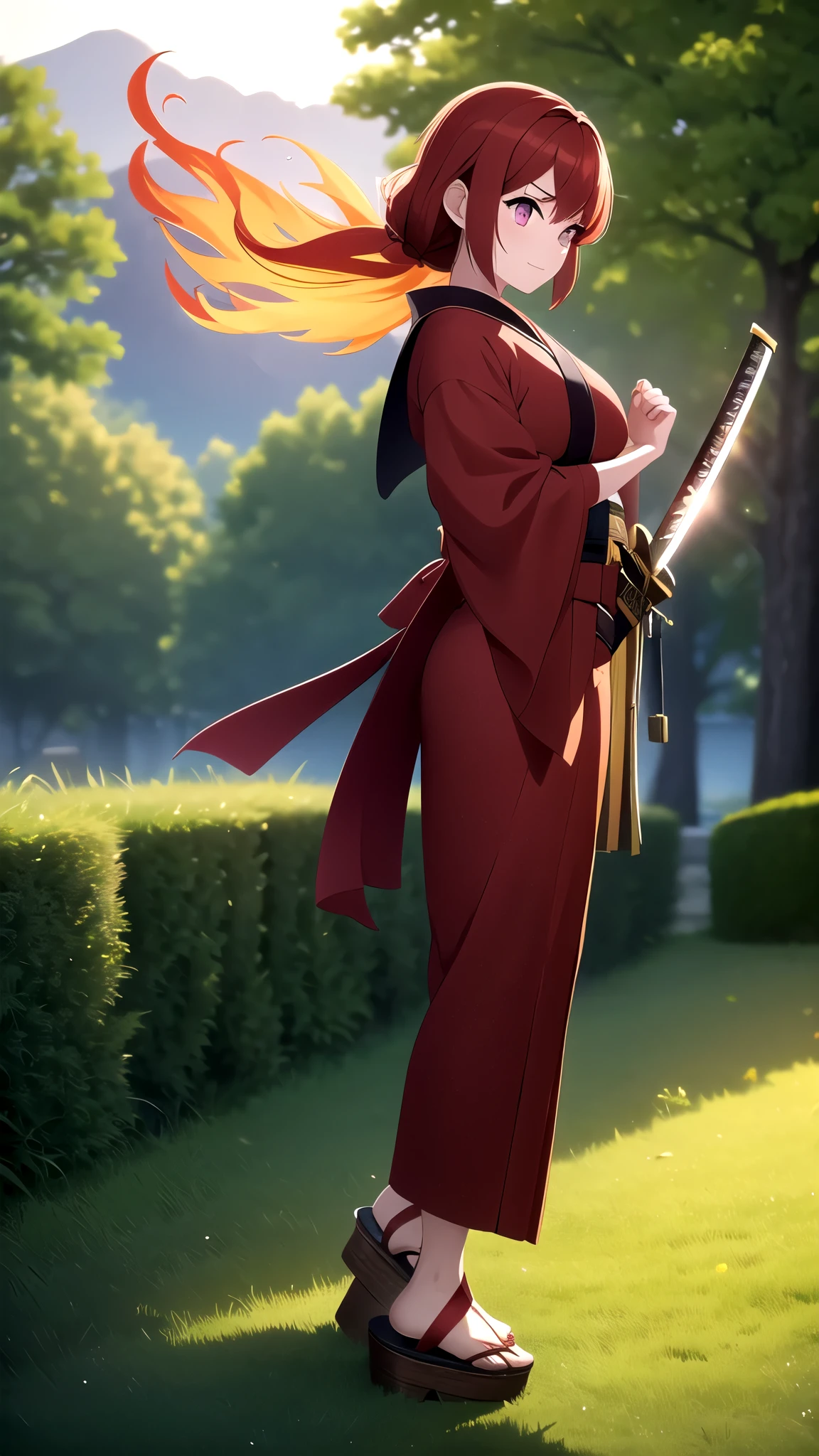 Name: Kazari Hencei
Element: FLAMARA Beschreibung: Ein rebellischer Klingen-Mondmagier extraordinaire, Kazari trotzt traditionellen Rollen mit seiner feurigen Kraft. Clad in crimson Kimono and smooth geta sandals, sie vermitteln bei jedem Schritt eine Aura roher Kraft.
prompt: (((Meisterwerk, Die beste Qualität, Ultrahohe Auflösung)))), 1 Mädchen, bestimmt, gehen, (Rote Haare, kurze Haare mit feurigen Flammen), lange Ärmel, blasse Gesichtsfarbe, ((orange Augen, schimmernde Aura:0.7)), ((glühend_Augen), (Narbe auf der linken Wange:0.2)), (((ultradetailliertes Gesicht, fiery expressed Augen:0.9))), ((Profilansicht, side Pose:0.5, von links)), Kimono, Katana tragen, ((anmutig, starke Haltung)), ((ausdrucksvoll, mächtiger Charakter, umgeben von grünen Landschaften und Flora:0.8))), Mittelgroß, intensiver Blick, ((perfekte Hautstruktur:0.9)), ((Kampfhaltung, Katanas in beiden Händen haltend), (((weiche Augenbrauen, elegantes Aussehen:0.6))), ((Abendsonne, nebliger Hintergrund, emotionale Szene:0.7))), 2, (( ar Shirasagi), (((Pose:1.1))),  ((im Winter mit Fäustlingen getragen:0.1)),  (((archetypischer Held, der sich auf Quests begibt:0.3))),  (_{{hier Button für Höhe}})))