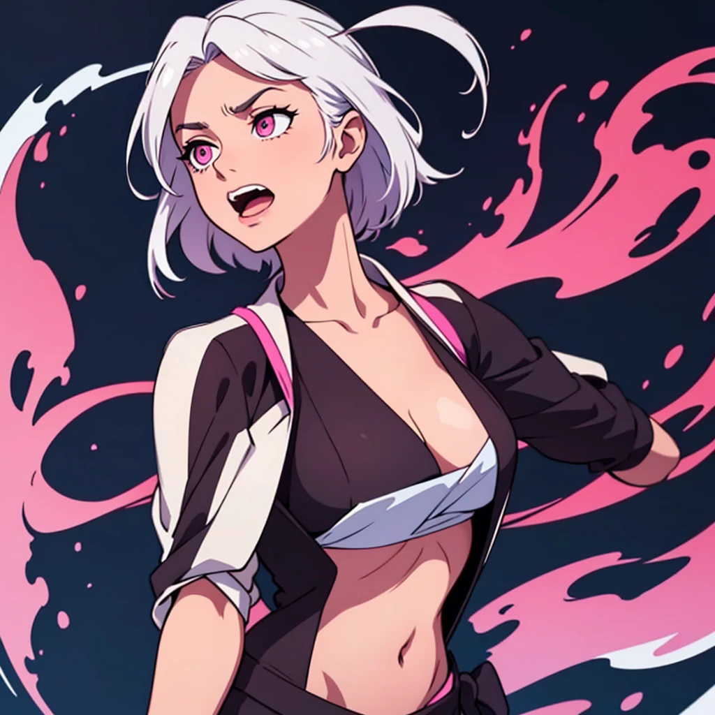 short white hair, highres, high resolution, masterpiece, wide dark pink eyes, looking right, looking towards the right, looking rightward, talking, grinning, confident, masterpiece, best quality, highres, 1 man, Gojo Satoru jujutsu kaisen, wavy hair, white hair, medium short hair, teenager, colorful hair, light background, full body, teenager, colorful parts, symbols, dark , bold, realistic mixing dark lines and loose lines, bold lines, on paper, human man, full body, imposing pose, stylish outfit, dark theme, beautiful, pretty, modest, standing, male, sharp chin, high cheekbones, white background, highres, high resolution, masterpiece, mouth open screaming, laughing, big laugh