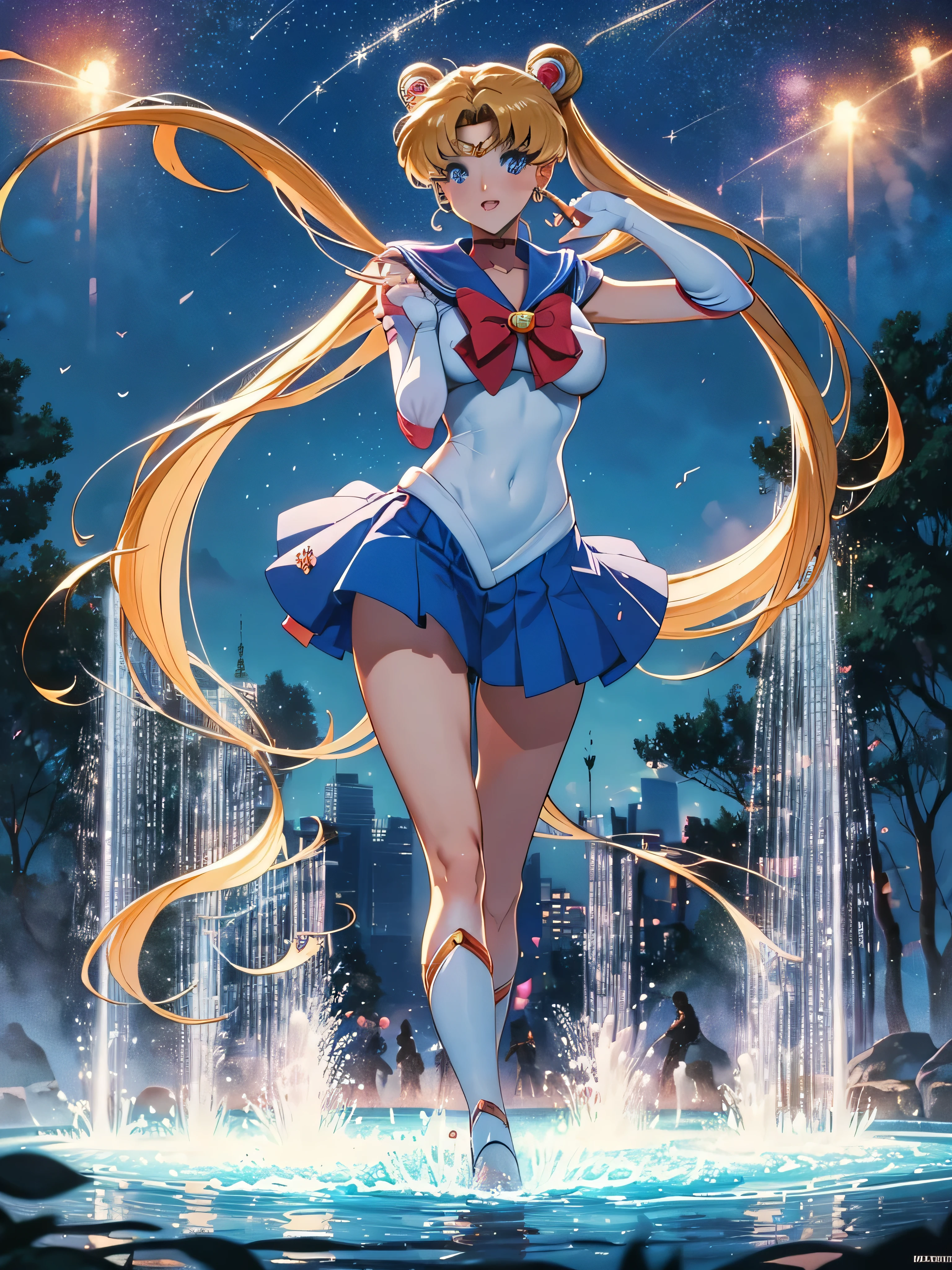 (High quality, 32k anime ultra HD, 1980s /(style/), retro art style, highly detailed, perfect anatomy), ((sailor moon, Tsukino Usagi)), 1 girl, solo, (blonde hair, short hair, pigtails, center parted bangs, hair blowing in the wind), (blue eyes, beautiful, super detailed), slightly open mouth, smiling, cowboy shot, (big boobs:1.3, firm chest, beautiful breasts), thin waist: 1.0, wide hips 1.2, big ass: 1.2, (dancing, fluttering, in the air, legs spread, in front of fountain), looking at viewer, (park background, night, big fountain, lighted street lamp, lamplight), (front view, from below), core_9_up, score_8_up, score_7_up, score_6_up,