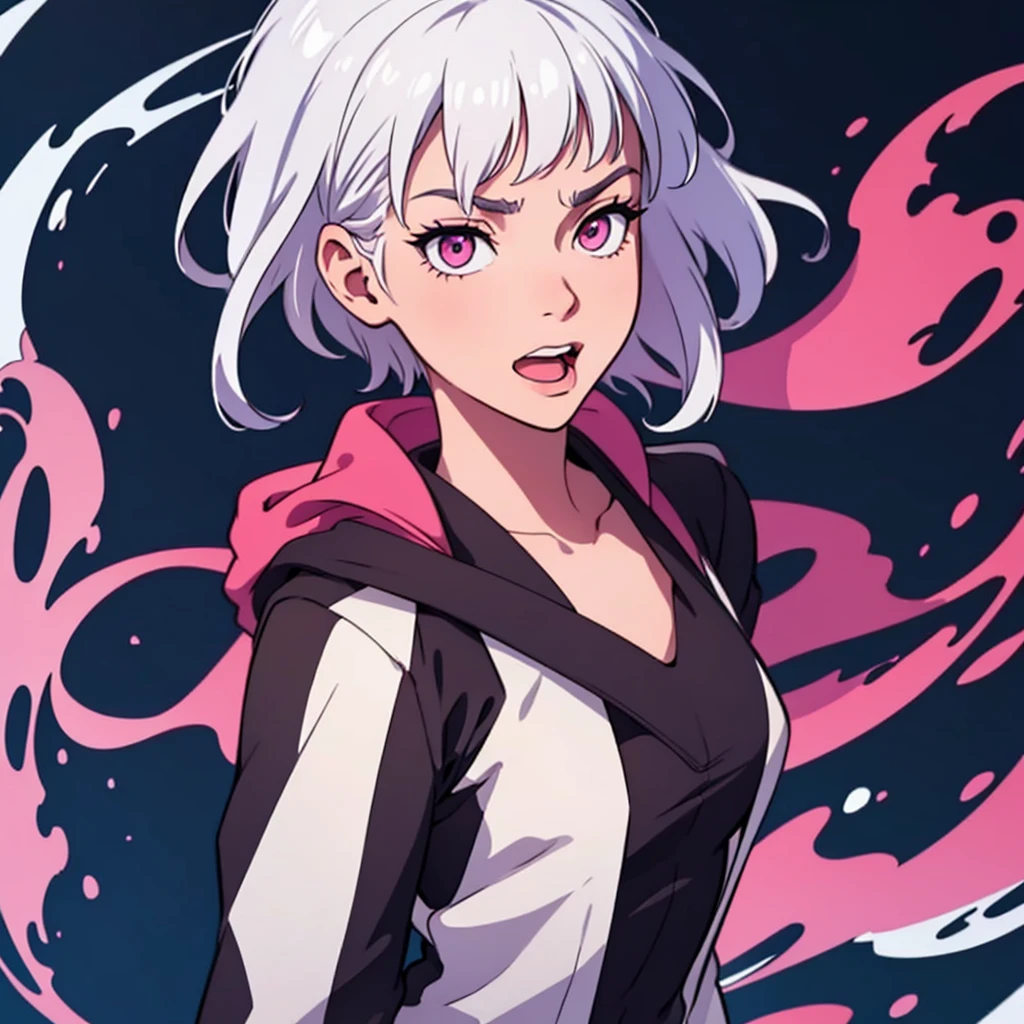 short white hair, highres, high resolution, masterpiece, wide dark pink eyes, looking right, looking towards the right, looking rightward, head looking down, facing down, looking straight down, looking seriously down, looking into camera, head tilting down, head facing down, talking, grinning, confident, masterpiece, best quality, highres, 1 man, Gojo Satoru jujutsu kaisen, wavy hair, white hair, medium short hair, teenager, colorful hair, light background, full body, teenager, colorful parts, symbols, dark , bold, realistic mixing dark lines and loose lines, bold lines, on paper, human man, full body, imposing pose, stylish outfit, dark theme, beautiful, pretty, modest, standing, male, sharp chin, high cheekbones, white background, highres, high resolution, masterpiece, mouth open, talking speaking, yelling, screaming