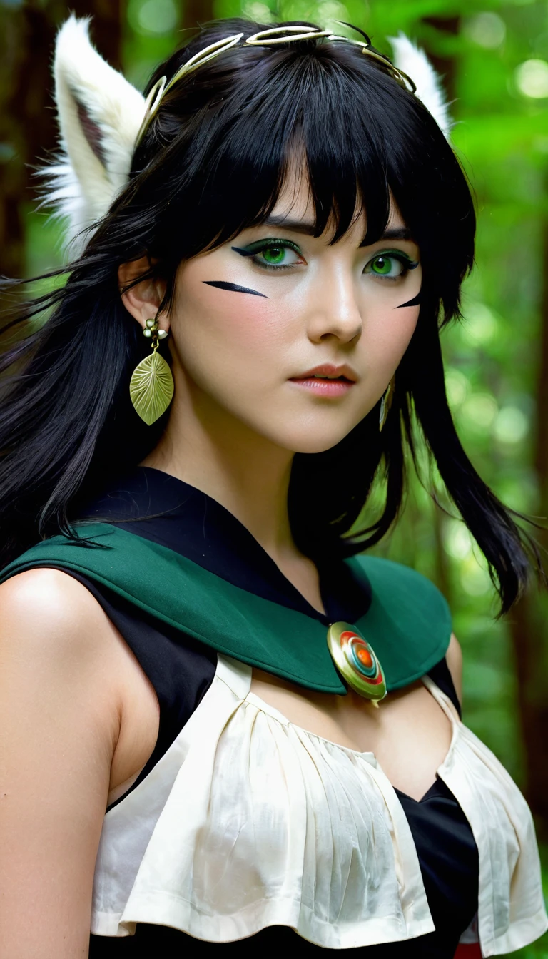 mj3d style,3dmm,3d,(masterpiece, best quality:1.1), ghibli style, san (mononoke hime), 1girl, armlet, bangs, black hair, black undershirt, breasts, cape, circlet, earrings, facepaint, floating hair, forest, fur cape, green eyes, jewelry, looking at viewer, medium breasts, nature, necklace, outdoors, parted bangs, shirt, short hair, sleeveless, sleeveless shirt, solo, tooth necklace, tree, upper body, white shirt