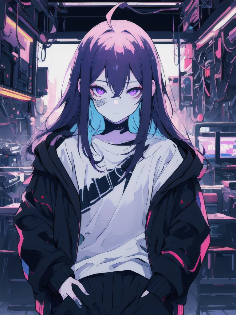 ((masterpiece)), (best quality), ((highres)), 4K, Detailed, (Ambient Light, Digital Art, Soft Lighting, extremely detailed 8K wallpaper:1.2), BREAK 1girl, solo, pale skin, violet eyes, violet hair, ahoge, (absurdly long hair:1.1), flat chest, cyberpunk scenery, black jacket, pants, shirt, night, hand in pocket, looking at viewer, hair between eyes, expressionless, rtx, neon light, black medical mask