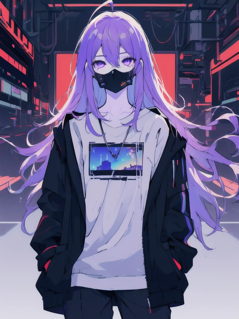 ((masterpiece)), (best quality), ((highres)), 4K, Detailed, (Ambient Light, Digital Art, Soft Lighting, extremely detailed 8K wallpaper:1.2), BREAK 1girl, solo, pale skin, violet eyes, violet hair, ahoge, (absurdly long hair:1.1), flat chest, cyberpunk scenery, black jacket, pants, shirt, night, hand in pocket, looking at viewer, hair between eyes, expressionless, rtx, neon light, black medical mask