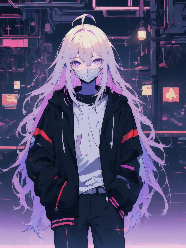 ((masterpiece)), (best quality), ((highres)), 4K, Detailed, (Ambient Light, Digital Art, Soft Lighting, extremely detailed 8K wallpaper:1.2), BREAK 1girl, solo, pale skin, violet eyes, violet hair, ahoge, (absurdly long hair:1.1), flat chest, cyberpunk scenery, black jacket, pants, shirt, night, hand in pocket, looking at viewer, hair between eyes, expressionless, rtx, neon light, black medical mask