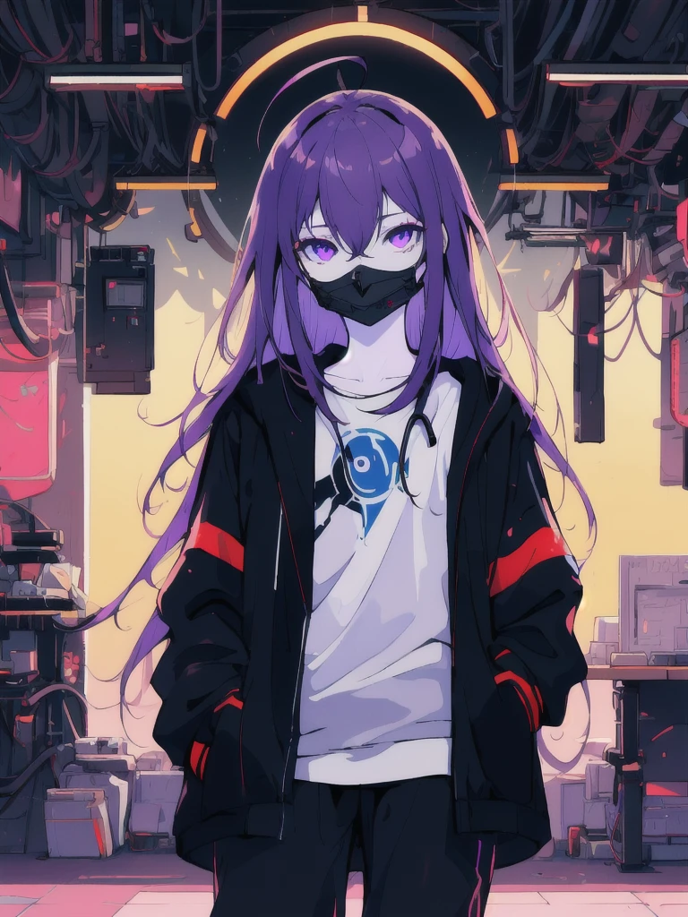 ((masterpiece)), (best quality), ((highres)), 4K, Detailed, (Ambient Light, Digital Art, Soft Lighting, extremely detailed 8K wallpaper:1.2), BREAK 1girl, solo, pale skin, violet eyes, violet hair, ahoge, (absurdly long hair:1.1), flat chest, cyberpunk scenery, black jacket, pants, shirt, night, hand in pocket, looking at viewer, hair between eyes, expressionless, rtx, neon light, black medical mask