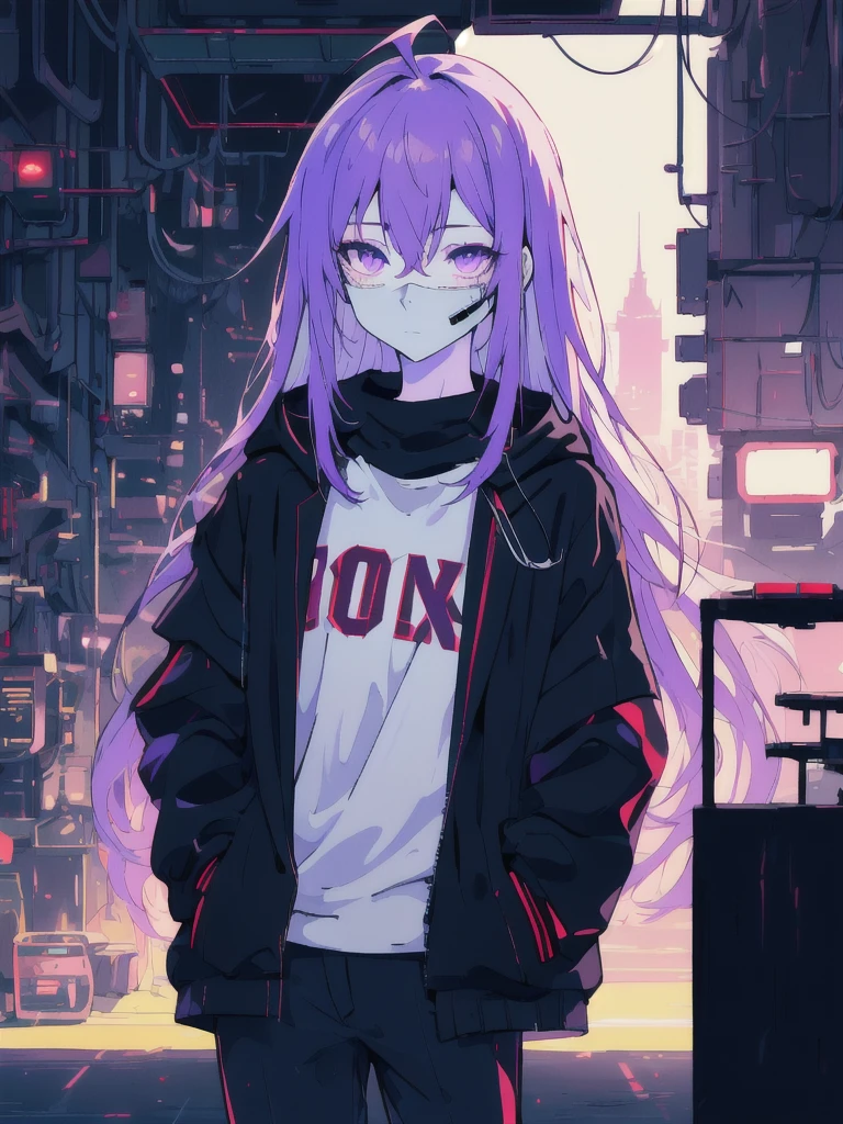 ((masterpiece)), (best quality), ((highres)), 4K, Detailed, (Ambient Light, Digital Art, Soft Lighting, extremely detailed 8K wallpaper:1.2), BREAK 1girl, solo, pale skin, violet eyes, violet hair, ahoge, (absurdly long hair:1.1), flat chest, cyberpunk scenery, black jacket, pants, shirt, night, hand in pocket, looking at viewer, hair between eyes, expressionless, rtx, neon light, black medical mask