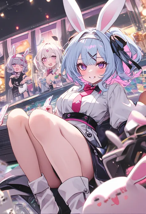 casino、casinoの背景、full body view、stylish、thighs、bunny ears、view here、miku、light blue hair、lewd eyes、bunny girl