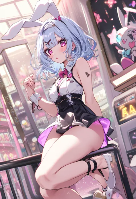 casino、casinoの背景、full body view、stylish、thighs、bunny ears、view here、miku、light blue hair、lewd eyes、bunny girl