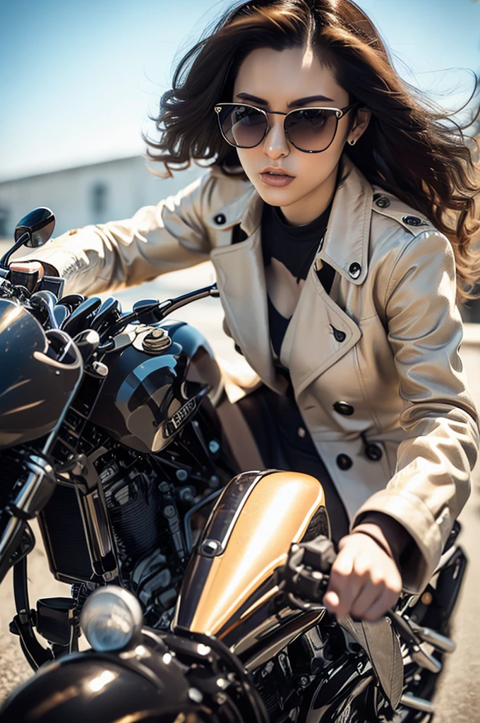 close up，Motorcycle girl，Beige long trench coat，Long hair，sunglasses，Boots，8K，Best quality，Super Fine，Hyperrealism，Photo effects，Rich in details，Meticulous portrayal