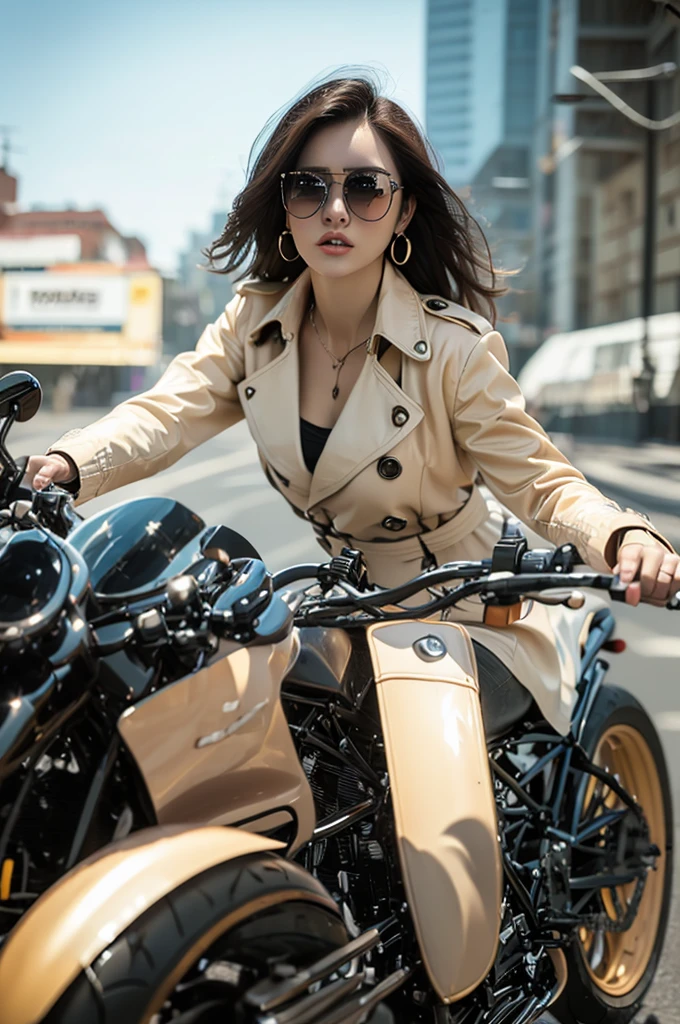 close up，Motorcycle girl，Beige long trench coat，Long hair，sunglasses，Boots，8K，Best quality，Super Fine，Hyperrealism，Photo effects，Rich in details，Meticulous portrayal