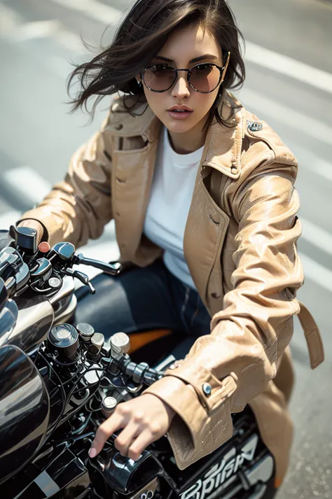 close up，Motorcycle girl，Beige long trench coat，Long hair，sunglasses，Boots，8K，Best quality，Super Fine，Hyperrealism，Photo effects...