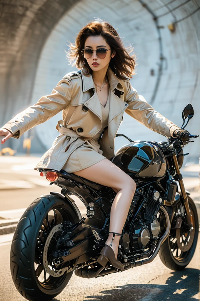 close up，Motorcycle girl，Beige long trench coat，Long hair，sunglasses，Boots，8K，Best quality，Super Fine，Hyperrealism，Photo effects，Rich in details，Meticulous portrayal