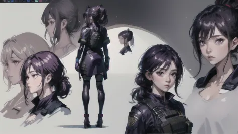 One girl,human, Dark hair with purple strands, Ponytail, purple eyes, black outfit,wearing bulletproof vest, beautiful, masterpi...