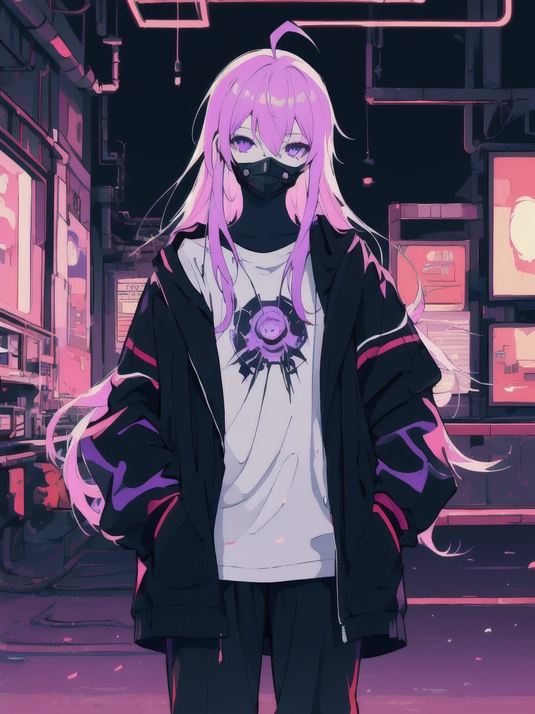 ((masterpiece)), (best quality), ((highres)), 4K, Detailed, (Ambient Light, Digital Art, Soft Lighting, extremely detailed 8K wallpaper:1.2), BREAK 1girl, solo, pale skin, violet eyes, violet hair, ahoge, (absurdly long hair:1.1), flat chest, cyberpunk scenery, black jacket, pants, shirt, night, hand in pocket, looking at viewer, hair between eyes, expressionless, rtx, neon light, black medical mask