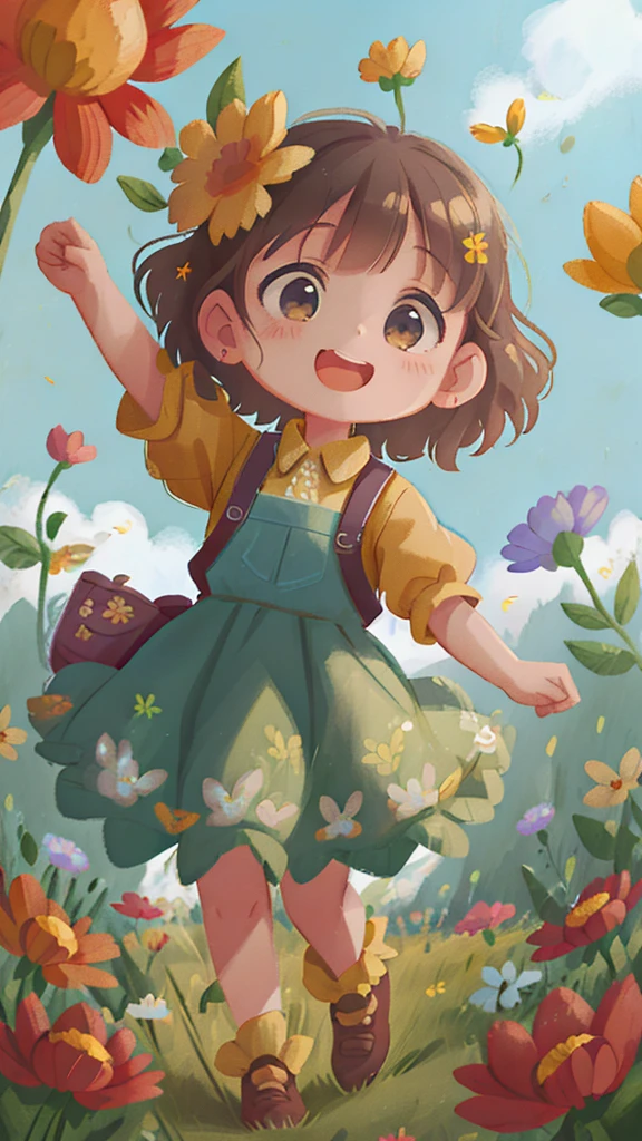 A girl holding flowers, colorful balloons floating in the sky, meadow, dancing, holding flowers, happy, happy, perfect quality, clear focus (clutter-home: 0.8), (masterpiece: 1.2) (Realistic: 1.2) (Bokeh) (Best quality) (Detailed skin: 1.3) (Intricate details) (8K) (Detail Eyes) (Sharp Focus), (Happy)