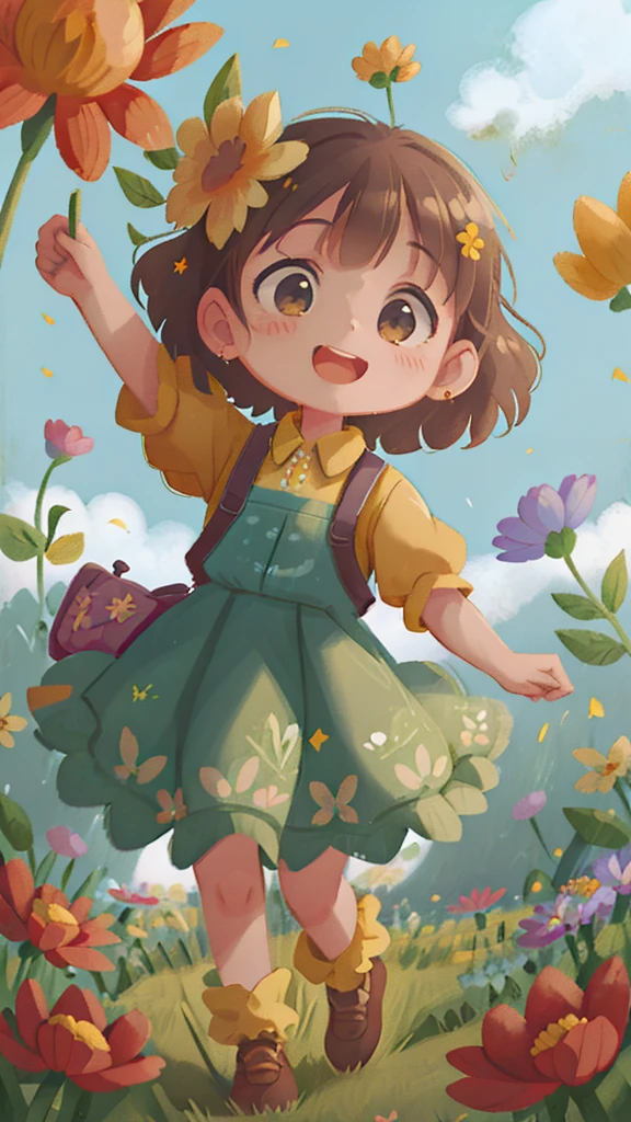 A girl holding flowers, colorful balloons floating in the sky, meadow, dancing, holding flowers, happy, happy, perfect quality, clear focus (clutter-home: 0.8), (masterpiece: 1.2) (Realistic: 1.2) (Bokeh) (Best quality) (Detailed skin: 1.3) (Intricate details) (8K) (Detail Eyes) (Sharp Focus), (Happy)