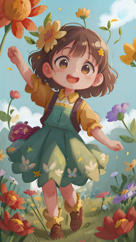 A girl holding flowers, colorful balloons floating in the sky, meadow, dancing, holding flowers, happy, happy, perfect quality, ...