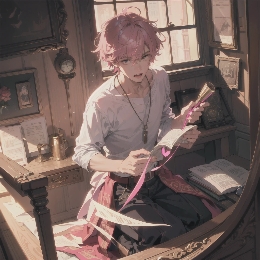 mascle，naughty man，young teenager，Young men, pink  hair，The background is in a messy room ，extremely details，realistic light and shadow，Sunlight comes in through the windows，a torch，soft lighting，softfocus，the best quality，face red，Look at the lens