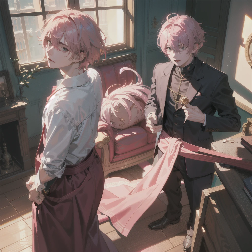 mascle，naughty man，young teenager，Young men, pink  hair，The background is in a messy room ，extremely details，realistic light and shadow，Sunlight comes in through the windows，a torch，soft lighting，softfocus，the best quality，face red，Look at the lens