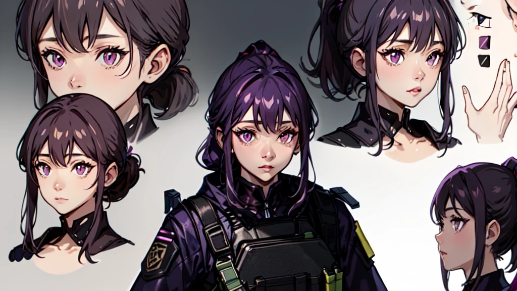 One woman,human, Dark hair with purple strands, Ponytail, purple eyes, black outfit,wearing bulletproof vest, beautiful, masterpiece, best quality, perfect lighting, extremely detailed CG unity 8k wallpaper, reference sheet, model sheet, simple white background, (multiple views, [from behind|from side|from front|close-up|portrait]:1),