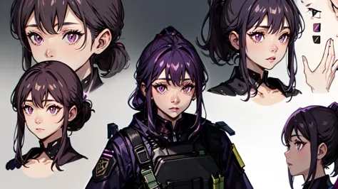 One woman,human, Dark hair with purple strands, Ponytail, purple eyes, black outfit,wearing bulletproof vest, beautiful, masterp...