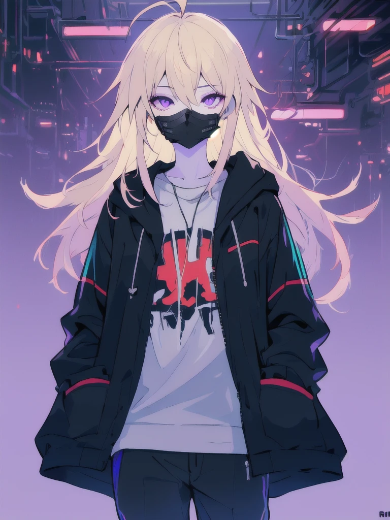 ((masterpiece)), (best quality), ((highres)), 4K, Detailed, (Ambient Light, Digital Art, Soft Lighting, extremely detailed 8K wallpaper:1.2), BREAK 1girl, solo, pale skin, violet eyes, violet hair, ahoge, (absurdly long hair:1.1), flat chest, cyberpunk scenery, black jacket, pants, shirt, night, hand in pocket, looking at viewer, hair between eyes, expressionless, rtx, neon light, black medical mask