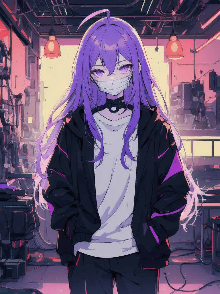 ((masterpiece)), (best quality), ((highres)), 4K, Detailed, (Ambient Light, Digital Art, Soft Lighting, extremely detailed 8K wallpaper:1.2), BREAK 1girl, solo, pale skin, violet eyes, violet hair, ahoge, (absurdly long hair:1.1), flat chest, cyberpunk scenery, black jacket, pants, shirt, night, hand in pocket, looking at viewer, hair between eyes, expressionless, rtx, neon light, black medical mask