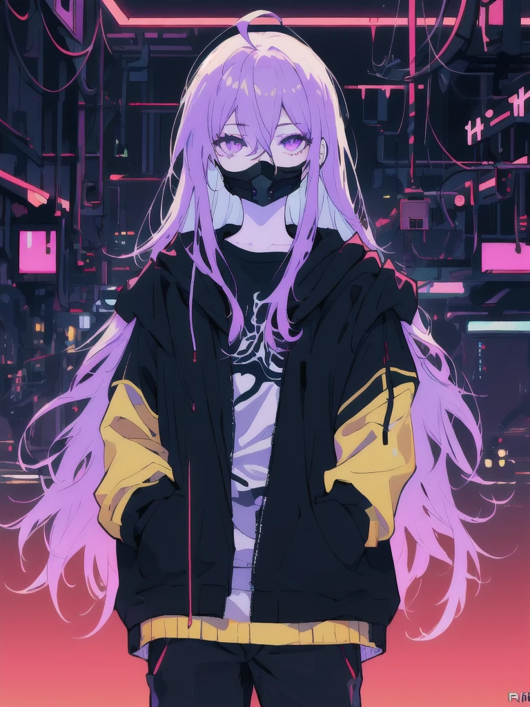 ((masterpiece)), (best quality), ((highres)), 4K, Detailed, (Ambient Light, Digital Art, Soft Lighting, extremely detailed 8K wallpaper:1.2), BREAK 1girl, solo, pale skin, violet eyes, violet hair, ahoge, (absurdly long hair:1.1), flat chest, cyberpunk scenery, black jacket, pants, shirt, night, hand in pocket, looking at viewer, hair between eyes, expressionless, rtx, neon light, black medical mask