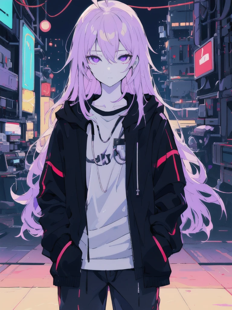 ((masterpiece)), (best quality), ((highres)), 4K, Detailed, (Ambient Light, Digital Art, Soft Lighting, extremely detailed 8K wallpaper:1.2), BREAK 1girl, solo, pale skin, violet eyes, violet hair, ahoge, (absurdly long hair:1.1), flat chest, cyberpunk scenery, black jacket, pants, shirt, night, hand in pocket, looking at viewer, hair between eyes, expressionless, rtx, neon light, black medical mask