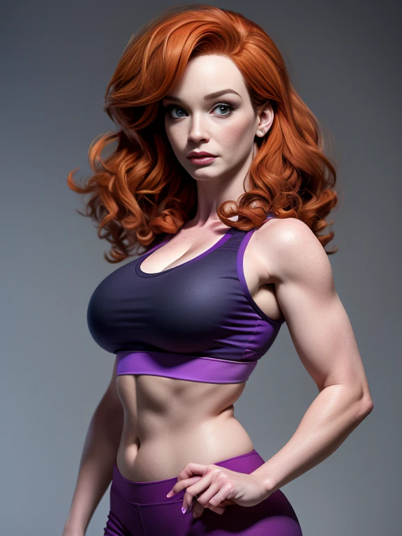 Imagine Christina Hendricks wearing a purple sports bra and purple sports shorts. High-quality facial research of Christina Hendricks, (Christina's sculpted cheekbones and slight wrinkles around the face), 48 years old, High-quality detailed research of Christina Hendricks voluptuous figure.