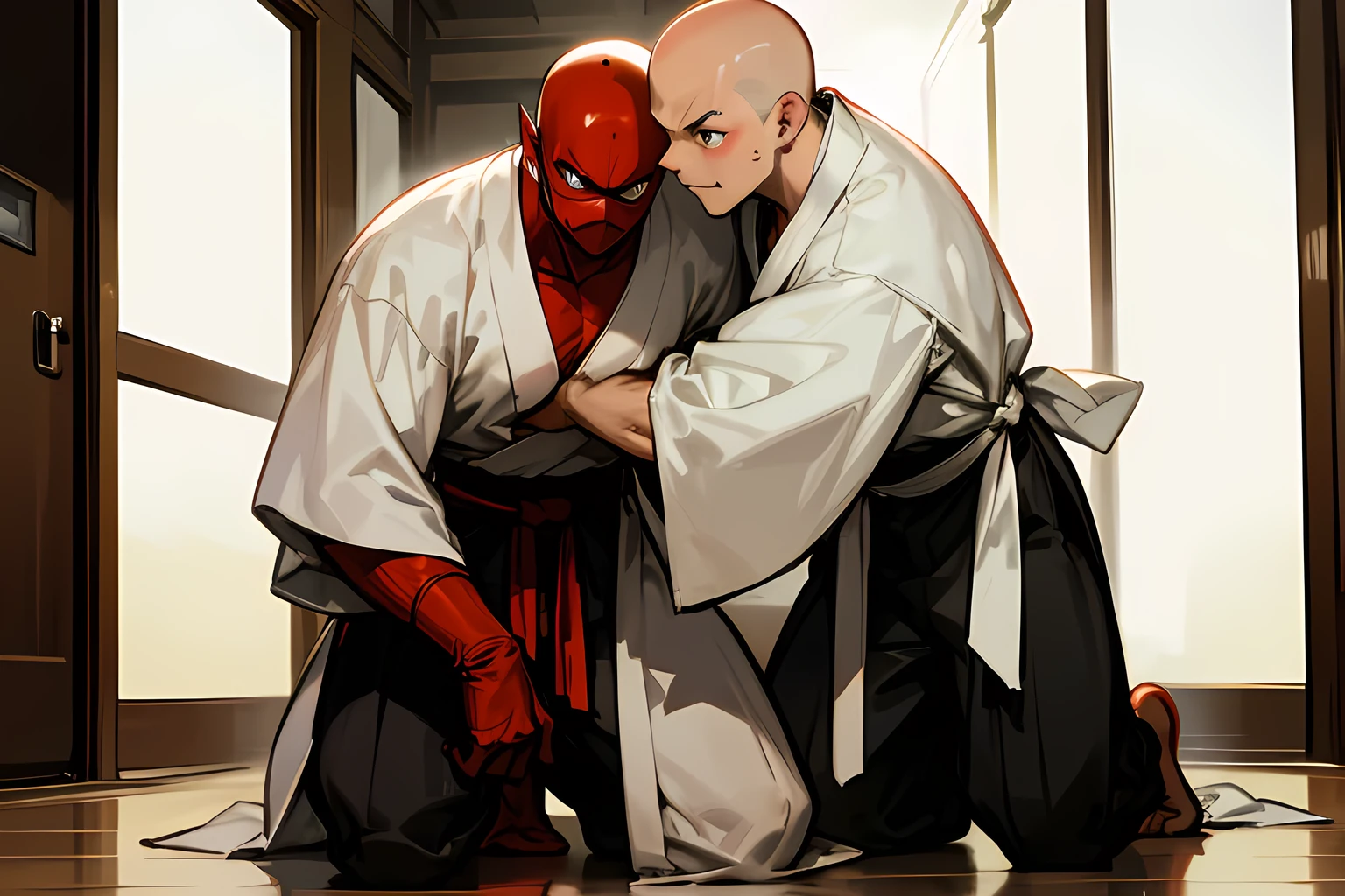 NSFW, white hakama, white Mask, white kimono, bald-headed, 3-people, Gay, brothers, Two 12-year-old Asian tweenager boys with shaved-head, round face, big eyes, cute, wearing clothes like a ninja but in a white kimono and Thai fisherman loose pants, white hakama, Covered head to toe in white clothes like a Japanese Ninja outfit traditional, covered Veiled face under a white fabric mask, All of them wearing white clothes only, Random sexy pose, standing, sit, roll, kneel, bound in a box, in a dimly lit room, A door is slightly open, revealing a bright hallway outside. faces Asian ninja men who kneel inside the room, intimidating, Inviting, seducing, They stare at each other in love, male-only, gay love, hugs, attractive, BDSM, bulge in pants, erection, peeping, unexpected, deep penetration, confrontation, Shonen, Shota, Moe, innocent, curiosity,