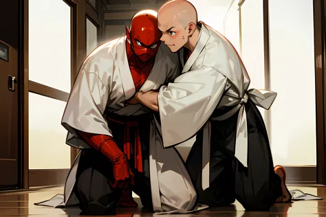 NSFW, white hakama, white Mask, white kimono, bald-headed, 3-people, Gay, brothers, Two 12-year-old Asian tweenager boys with sh...