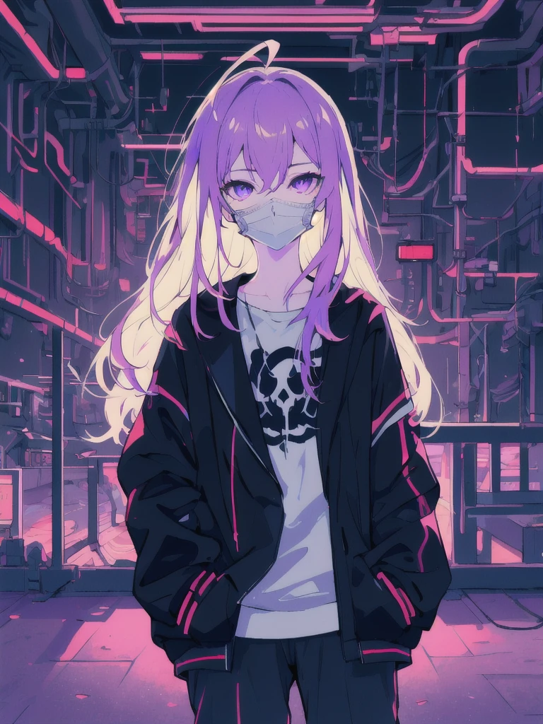 ((masterpiece)), (best quality), ((highres)), 4K, Detailed, (Ambient Light, Digital Art, Soft Lighting, extremely detailed 8K wallpaper:1.2), BREAK 1girl, solo, pale skin, violet eyes, violet hair, ahoge, (absurdly long hair:1.1), flat chest, cyberpunk scenery, black jacket, pants, shirt, night, hand in pocket, looking at viewer, hair between eyes, expressionless, rtx, neon light, black medical mask