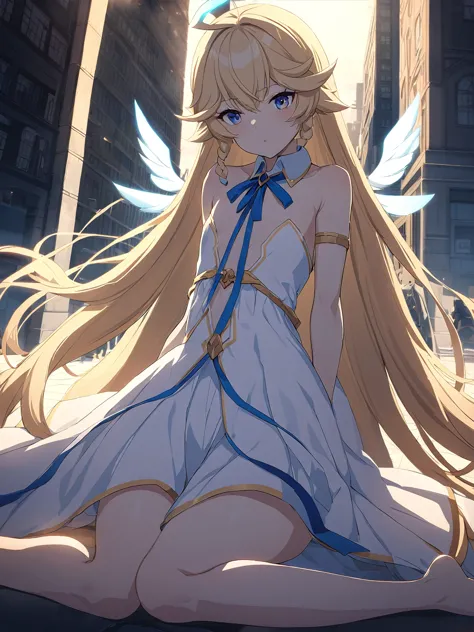 Zaora, blue eyes, (Variegated eyes:0.5), Blonde, Very long hair, Twin Blade, bangs, Ahoge, Hello, Angel, Flat Chest, White Dress...