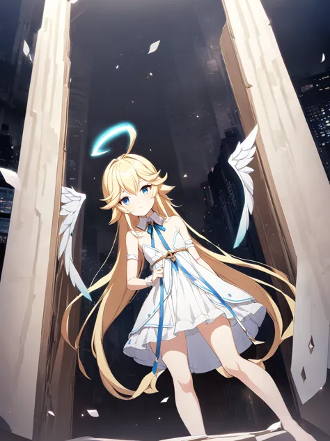 Zaora, blue eyes, (Variegated eyes:0.5), Blonde, Very long hair, Twin Blade, bangs, Ahoge, Hello, Angel, Flat Chest, White Dress...