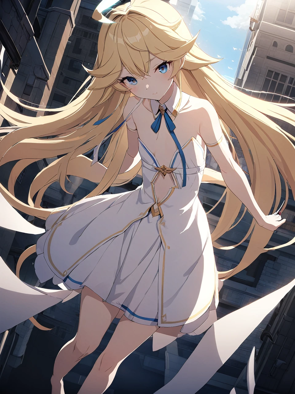 Zaora, blue eyes, (Variegated eyes:0.5), Blonde, Very long hair, Twin Blade, bangs, Ahoge, Hello, Angel, Flat Chest, White Dress, Belly button cutout, Detachable collar, Strapless, Neck ribbon, Bare shoulders, Angel wings, barefoot, One girl, Solo Break Space, City, Depth of written boundary, Cinematic, masterpiece, Highest quality, Game CG
 