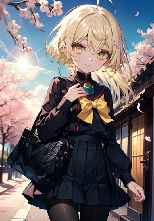 アイスWallenstein, Wallenstein, Blonde, Hair between the eyes, hair band, Long Hair, (Yellow Eyes:1.5),happy smile, smile, Close your mouth,smile,blush,Black Sailor Suit,Black pleated skirt,Black Pantyhose,Brown Loafers,morning,morning陽,The sun is rising,Cherry blossoms are blooming,Cherry blossoms are scattered,Cherry blossom tree-lined path,break looking at viewer, break outdoors,School　School building, break (masterpiece:1.2), highest quality, High resolution, unity 8k wallpaper, (shape:0.8), (Beautiful and beautiful eyes:1.6), Highly detailed face, Perfect lighting, Highly detailed CG, (Perfect hands, Perfect Anatomy),