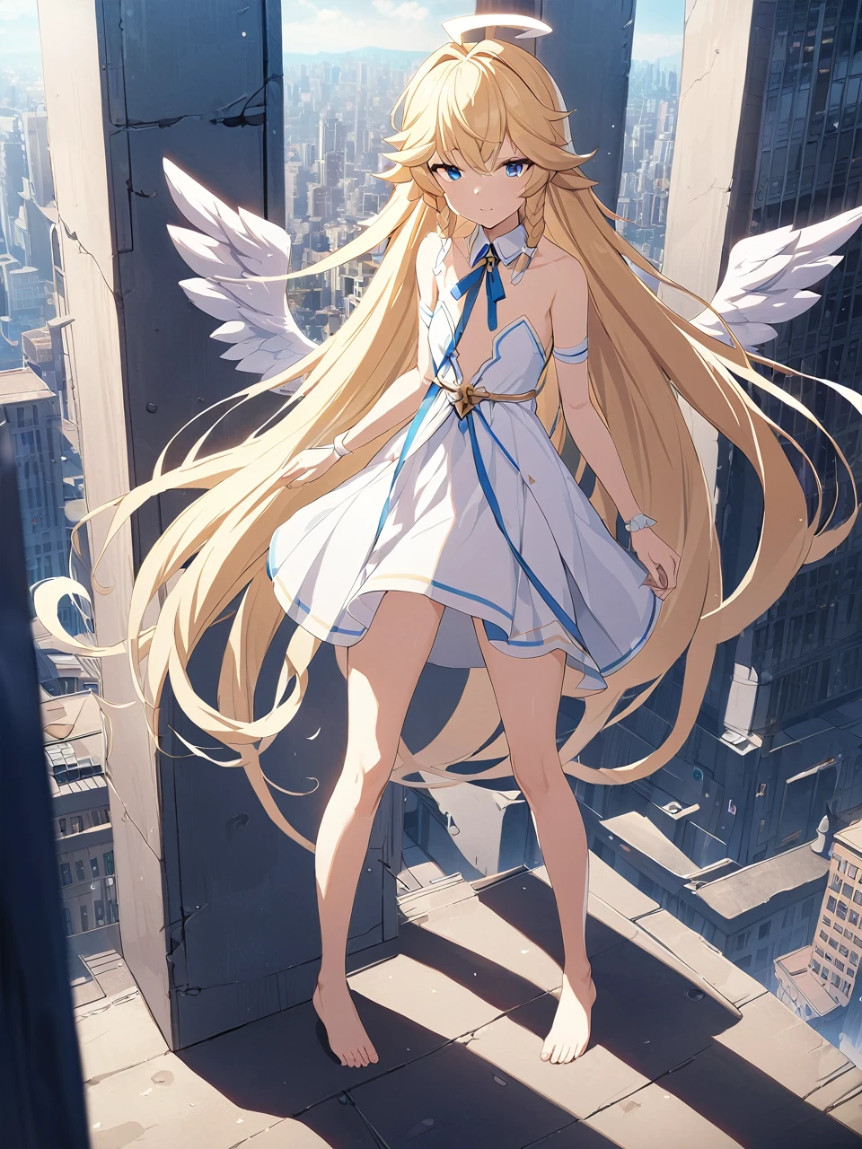 Zaora, blue eyes, (Variegated eyes:0.5), Blonde, Very long hair, Twin Blade, bangs, Ahoge, Hello, Angel, Flat Chest, White Dress, Belly button cutout, Detachable collar, Strapless, Neck ribbon, Bare shoulders, Angel wings, barefoot, One girl, Solo Break Space, City, Depth of written boundary, Cinematic, masterpiece, Highest quality, Game CG