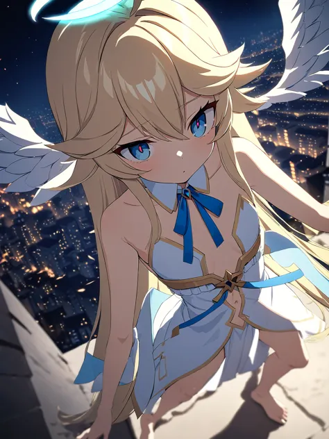 zaora, blue eyes, (variegated eyes:0.5), blonde, very long hair, twin blade, bangs, ahoge, hello, angel, flat chest, white dress...