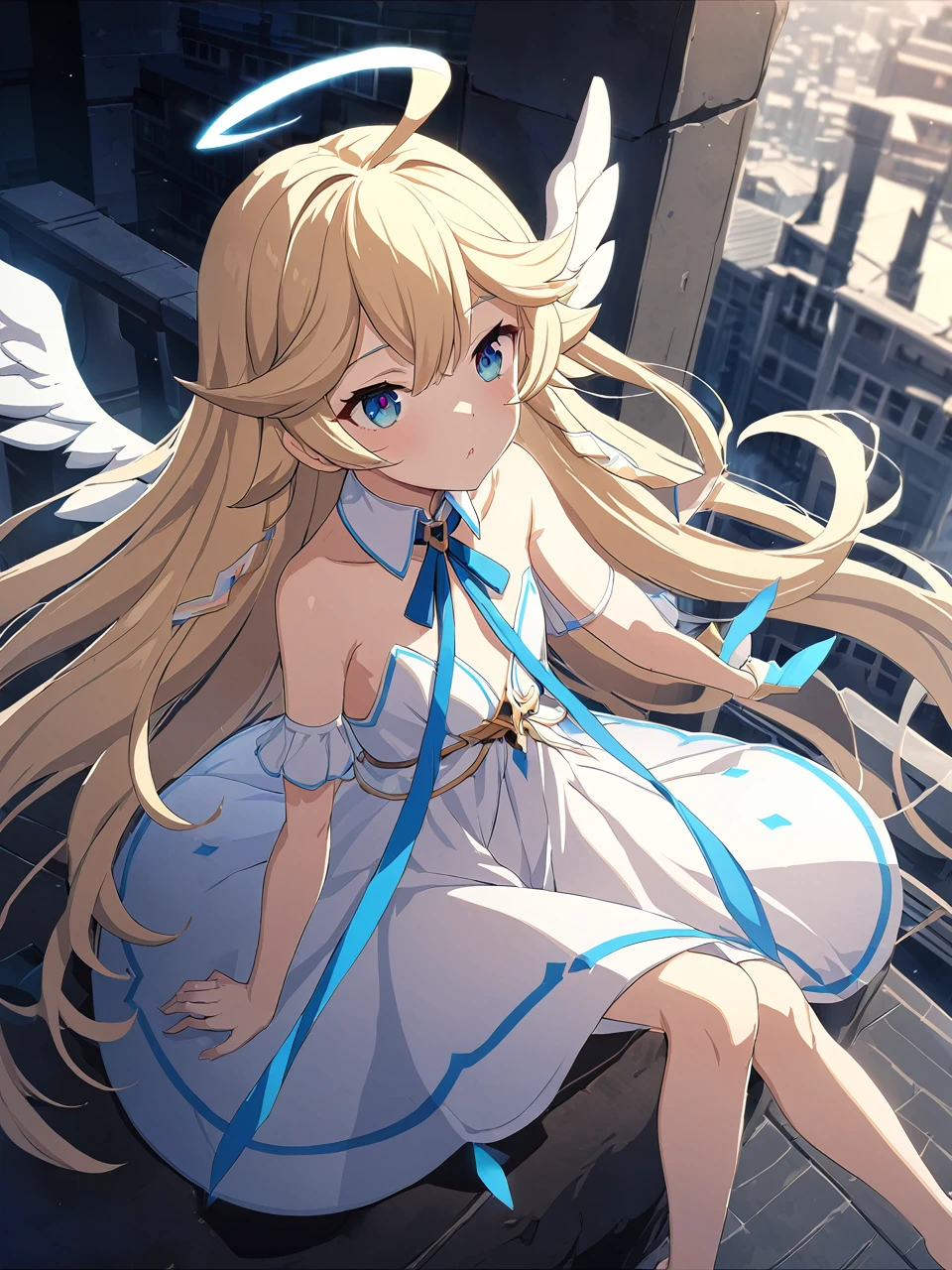 Zaora, blue eyes, (Variegated eyes:0.5), Blonde, Very long hair, Twin Blade, bangs, Ahoge, Hello, Angel, Flat Chest, White Dress, Belly button cutout, Detachable collar, Strapless, Neck ribbon, Bare shoulders, Angel wings, barefoot, One girl, Solo Break Space, City, Depth of written boundary, Cinematic, masterpiece, Highest quality, Game CG