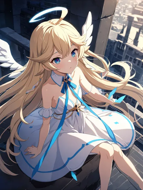 Zaora, blue eyes, (Variegated eyes:0.5), Blonde, Very long hair, Twin Blade, bangs, Ahoge, Hello, Angel, Flat Chest, White Dress...