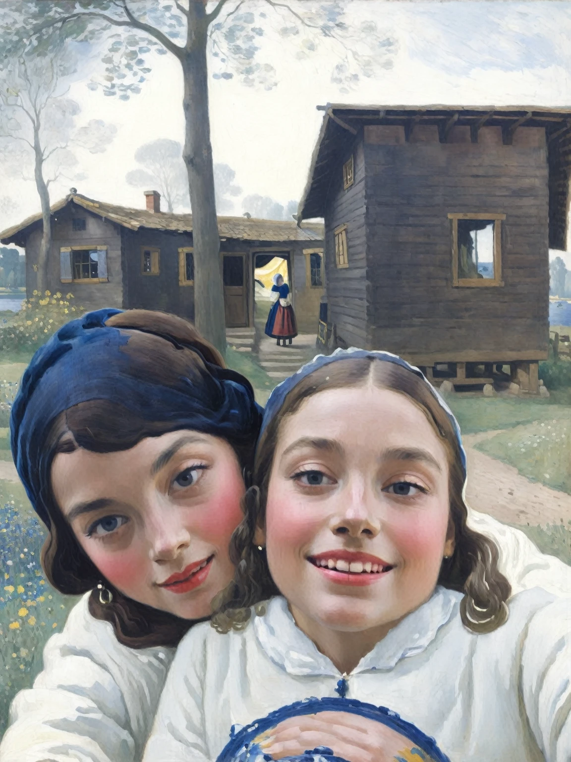 (classic painting, classical art:2.0) 2 women, (29 year old woman), (Little girl, 4 years) They take a selfie and on their backs you can see two cabins, artwork,, Wonderful, very vivid colors ( painting by Johannes Vermeer)