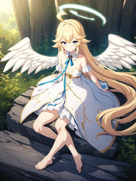 Zaora, blue eyes, (Variegated eyes:0.5), Blonde, Very long hair, Twin Blade, bangs, Ahoge, Hello, Angel, Flat Chest, White Dress...