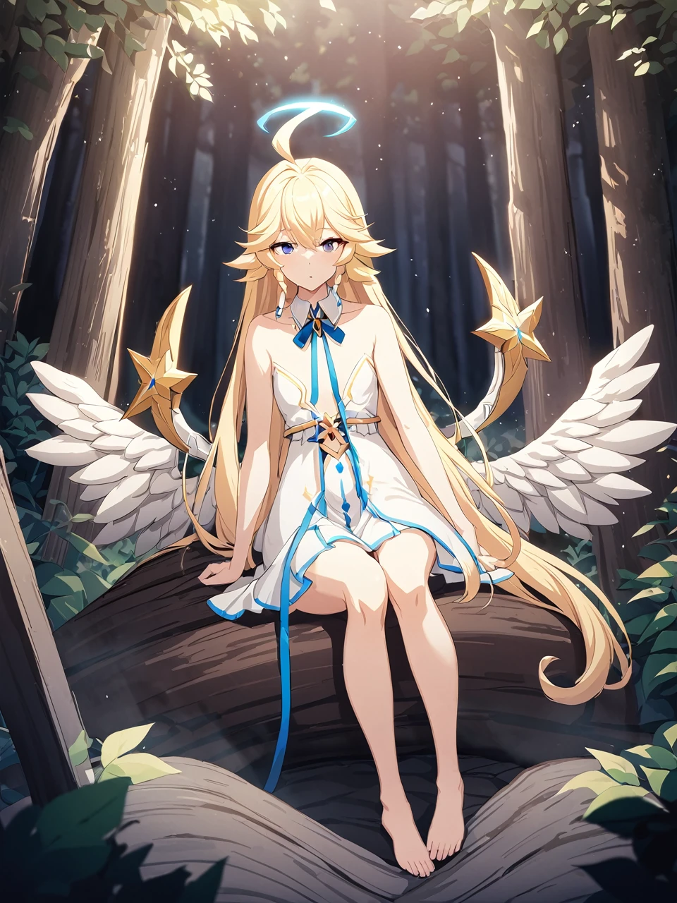 Zaora, blue eyes, (Variegated eyes:0.5), Blonde, Very long hair, Twin Blade, bangs, Ahoge, Hello, Angel, Flat Chest, White Dress, Belly button cutout, Detachable collar, Strapless, Neck ribbon, Bare shoulders, Angel wings, barefoot, One girl, Solo Break Space, forest, Depth of written boundary, Cinematic, masterpiece, Highest quality, Game CG