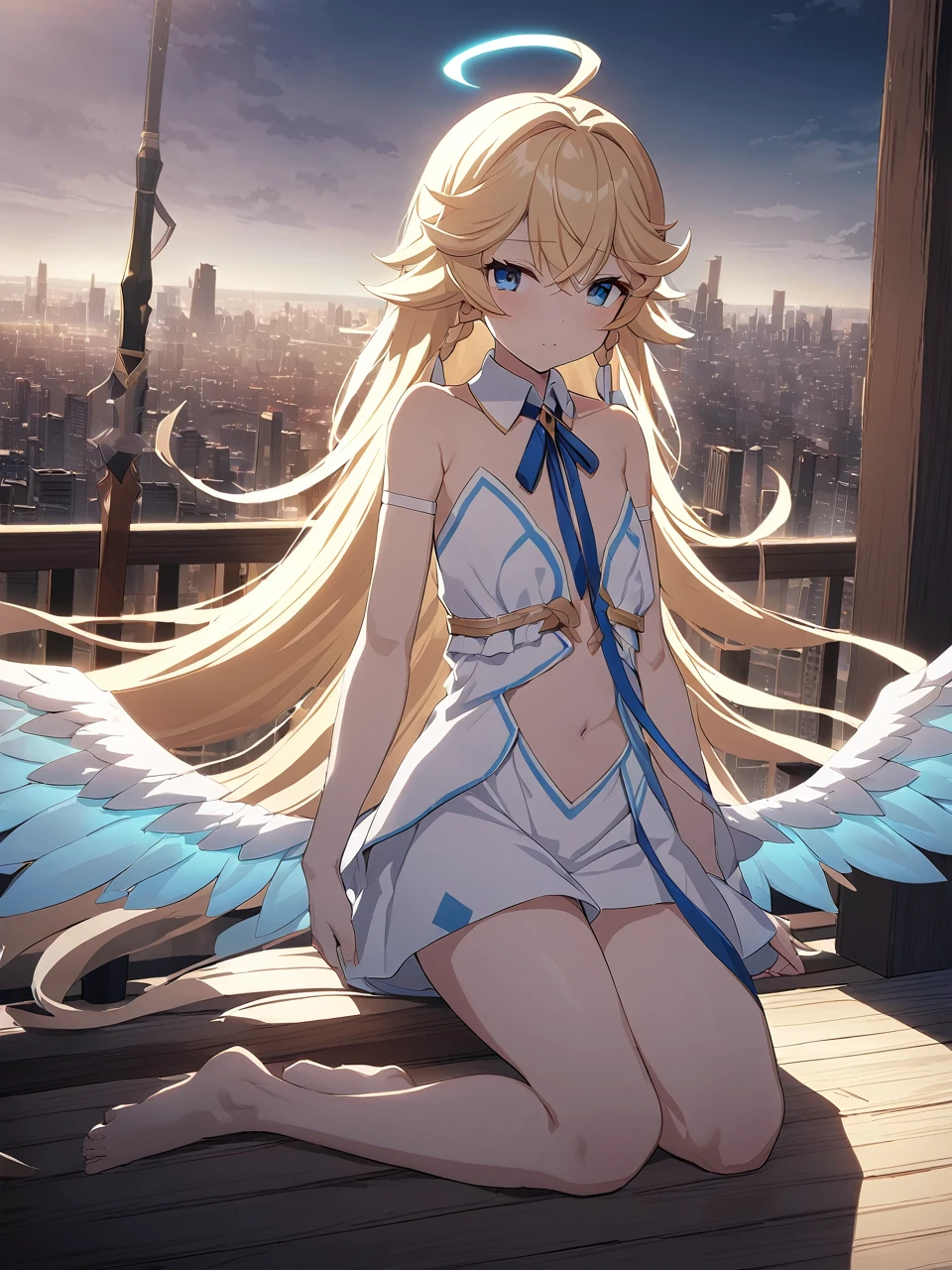 Zaora, blue eyes, (Variegated eyes:0.5), blonde, Very long hair, Twin Blade, bangs, Ahoge, Hello, Angel, Flat Chest, White Dress, Navel clipping, - Detachable collar, Strapless, Neck ribbon, Bare shoulders, Angel wings, barefoot, One Girl, Solo rest area, city, Written boundary depth, Cinematic, masterpiece, Highest quality, Game CG
 