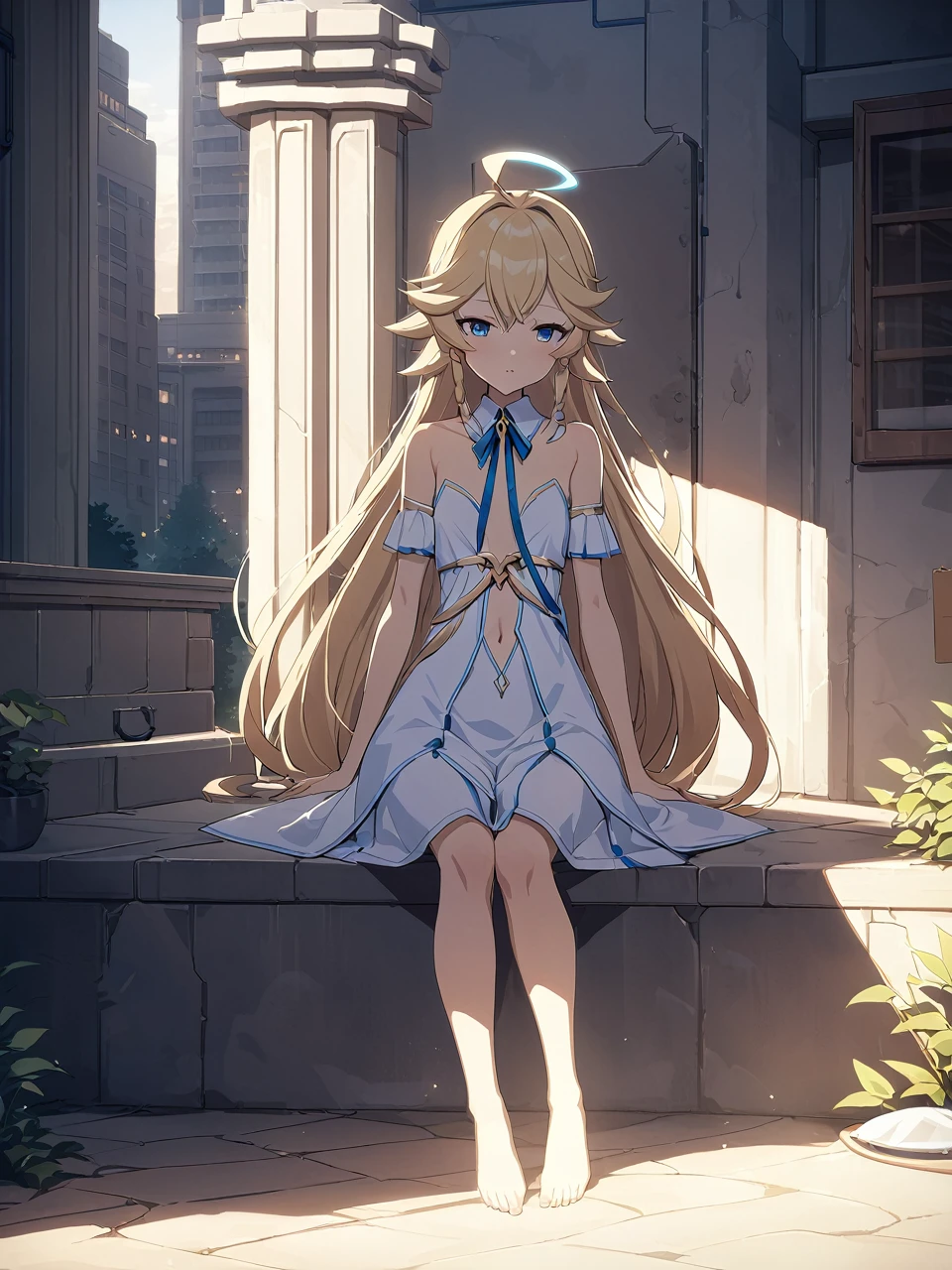 Zaora, blue eyes, (Variegated eyes:0.5), blonde, Very long hair, Twin Blade, bangs, Ahoge, Hello, Angel, Flat Chest, White Dress, Navel clipping, - Detachable collar, Strapless, Neck ribbon, Bare shoulders, Angel wings, barefoot, One Girl, Solo rest area, city, Written boundary depth, Cinematic, masterpiece, Highest quality, Game CG
 